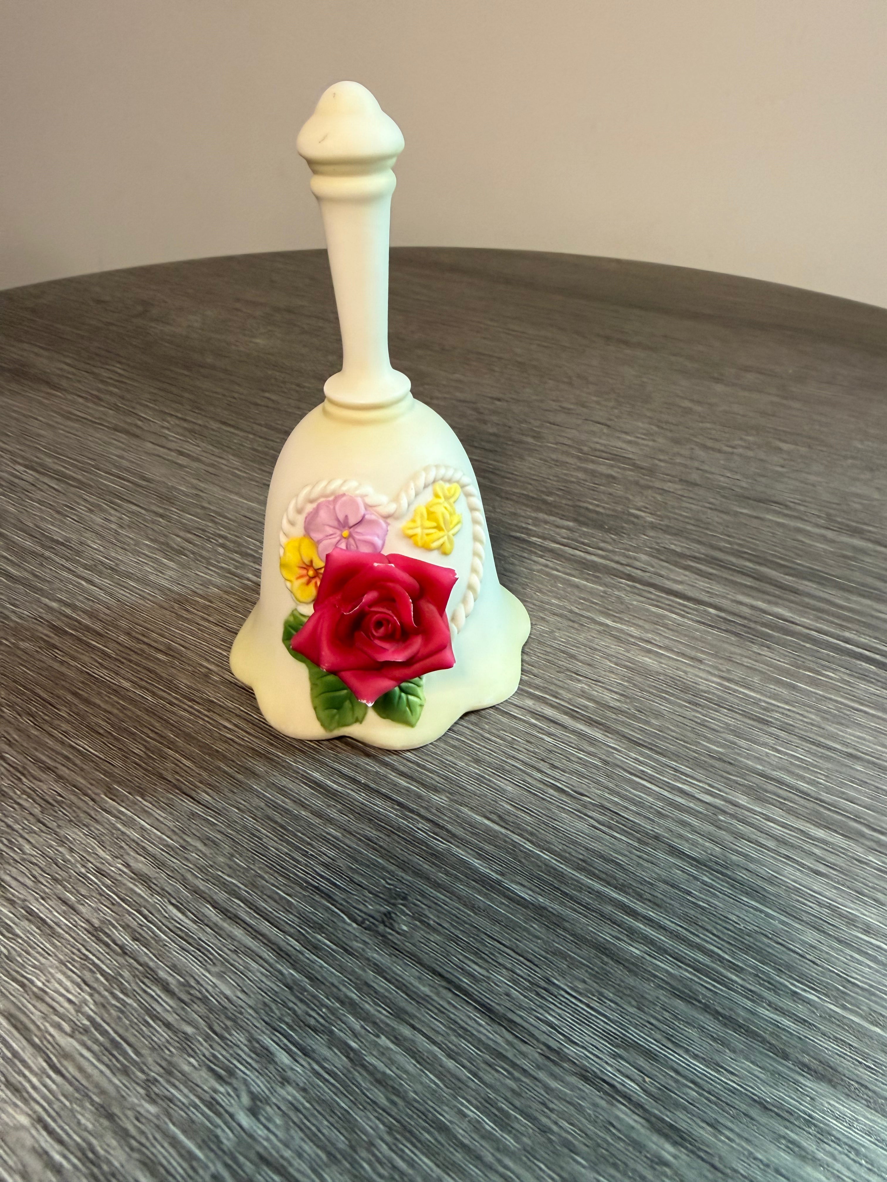 Porcelain Floral Bell with Applied Rose & Heart Clapper