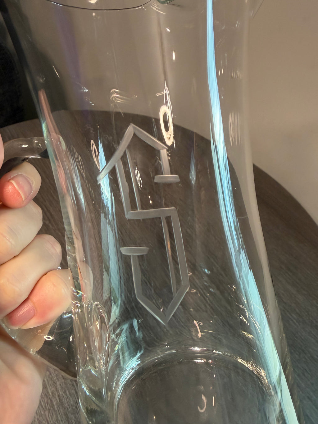 Vintage Etched Glass Curved Spout Pitcher – Monogrammed Cut S