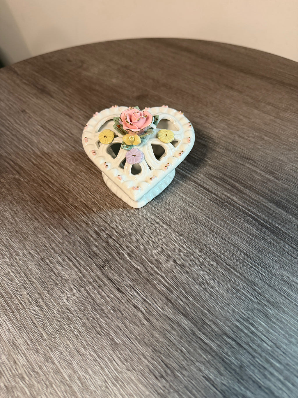 Vintage Porcelain Heart Trinket Box with Applied Flowers & Pierced Lid