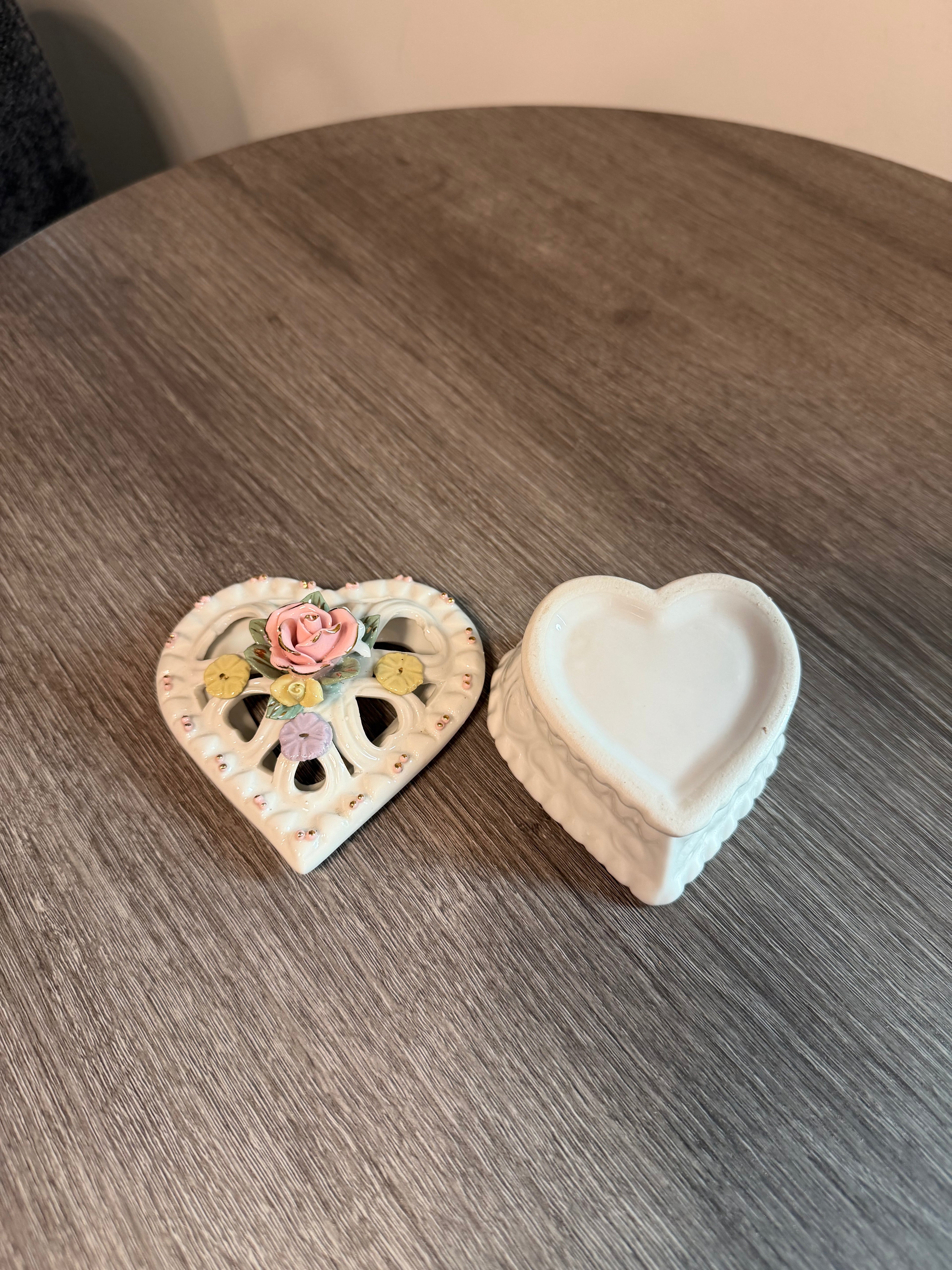 Vintage Porcelain Heart Trinket Box with Applied Flowers & Pierced Lid