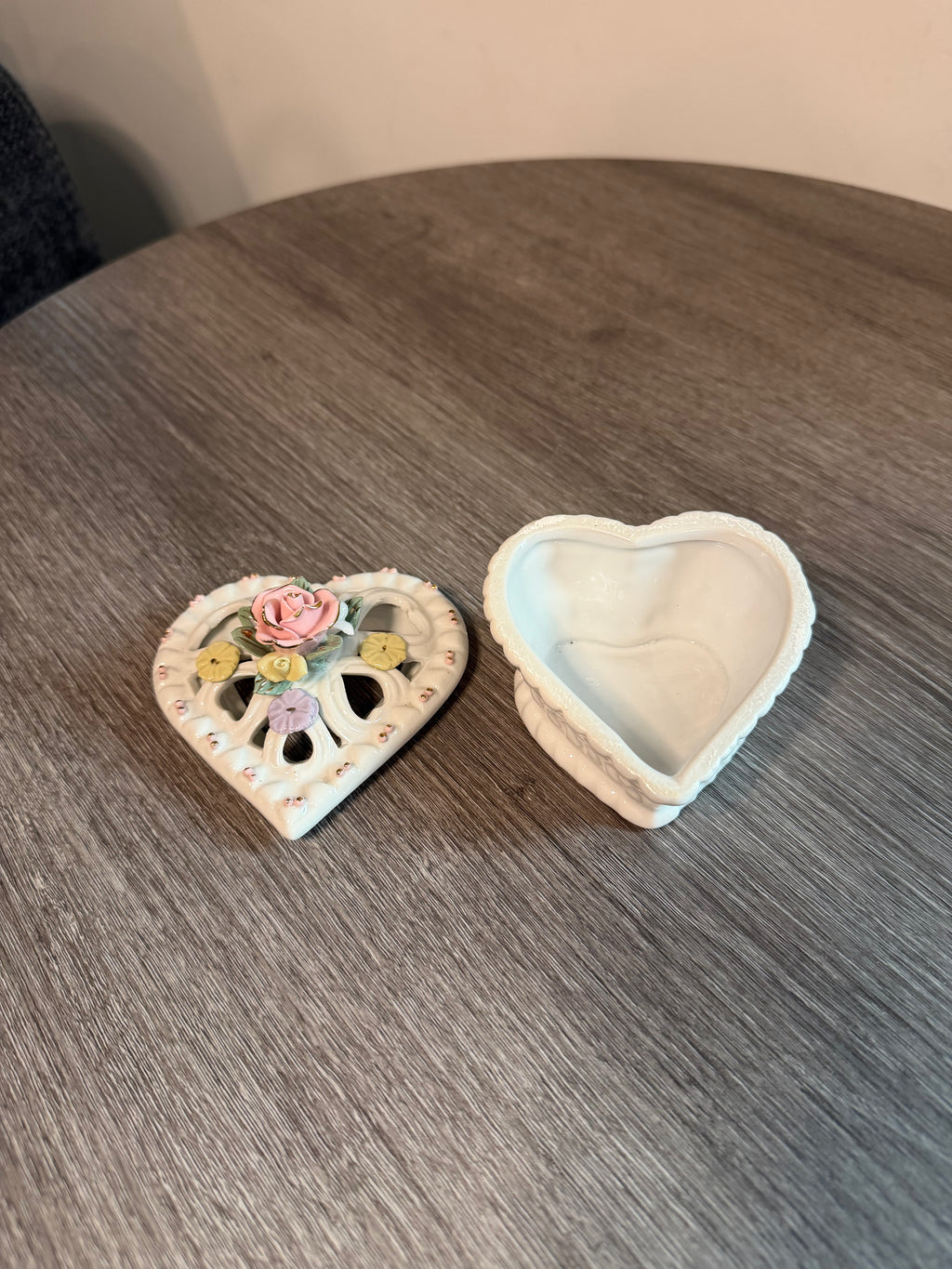 Vintage Porcelain Heart Trinket Box with Applied Flowers & Pierced Lid