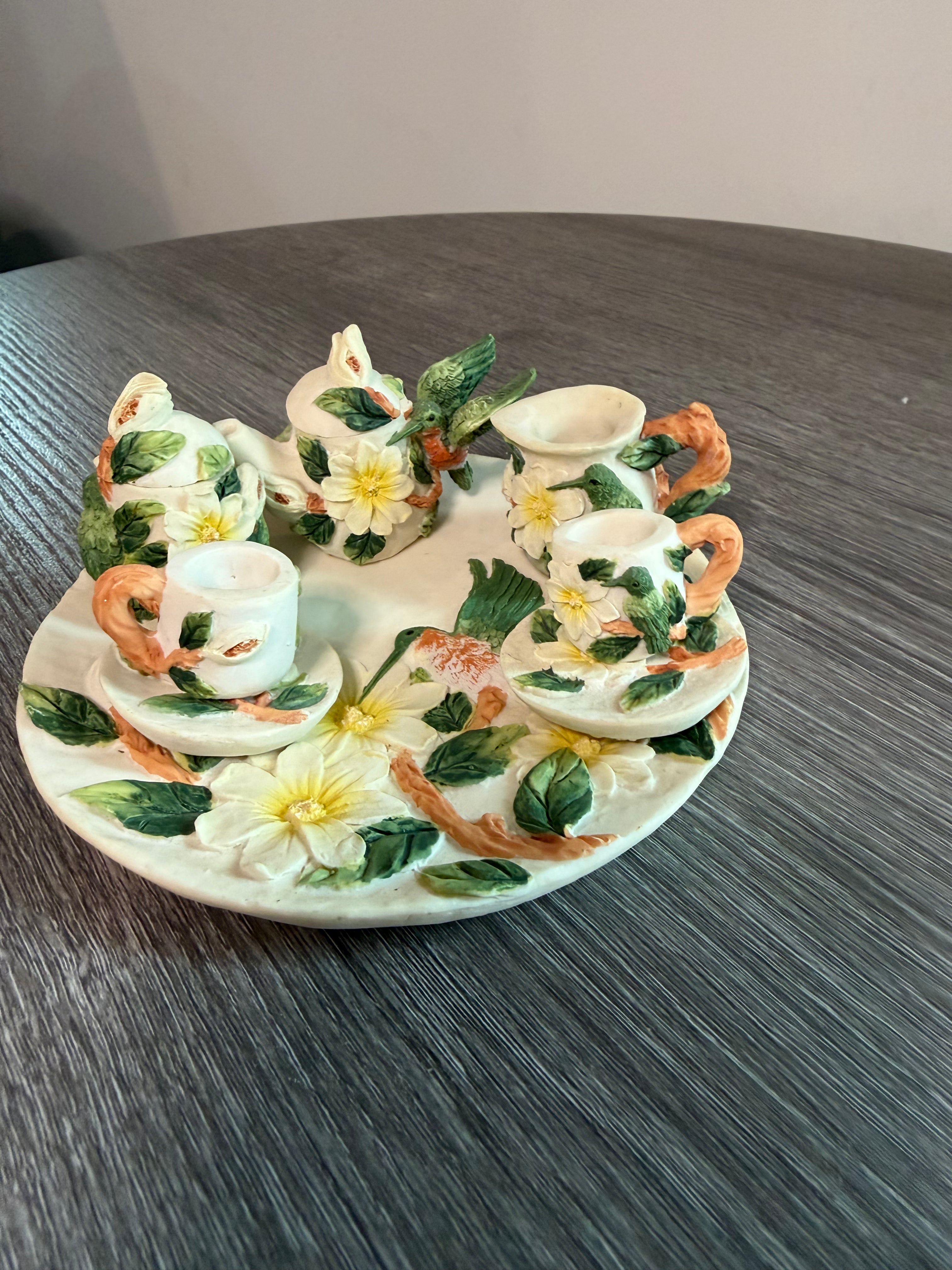 Vintage 1995 Young’s Inc Hummingbird Miniature Tea Set w/ Tray Flowers 8 Pc
