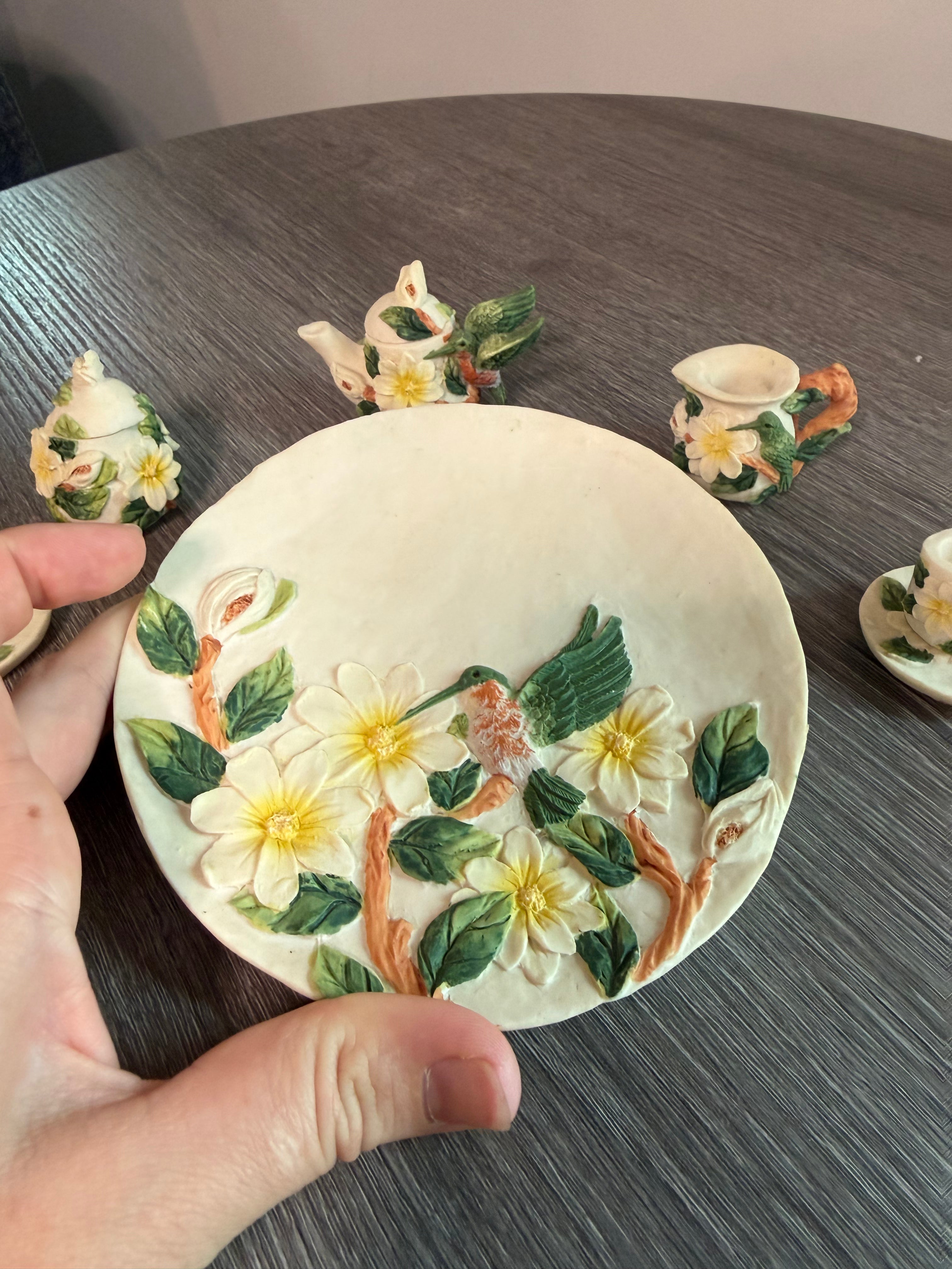 Vintage 1995 Young’s Inc Hummingbird Miniature Tea Set w/ Tray Flowers 8 Pc
