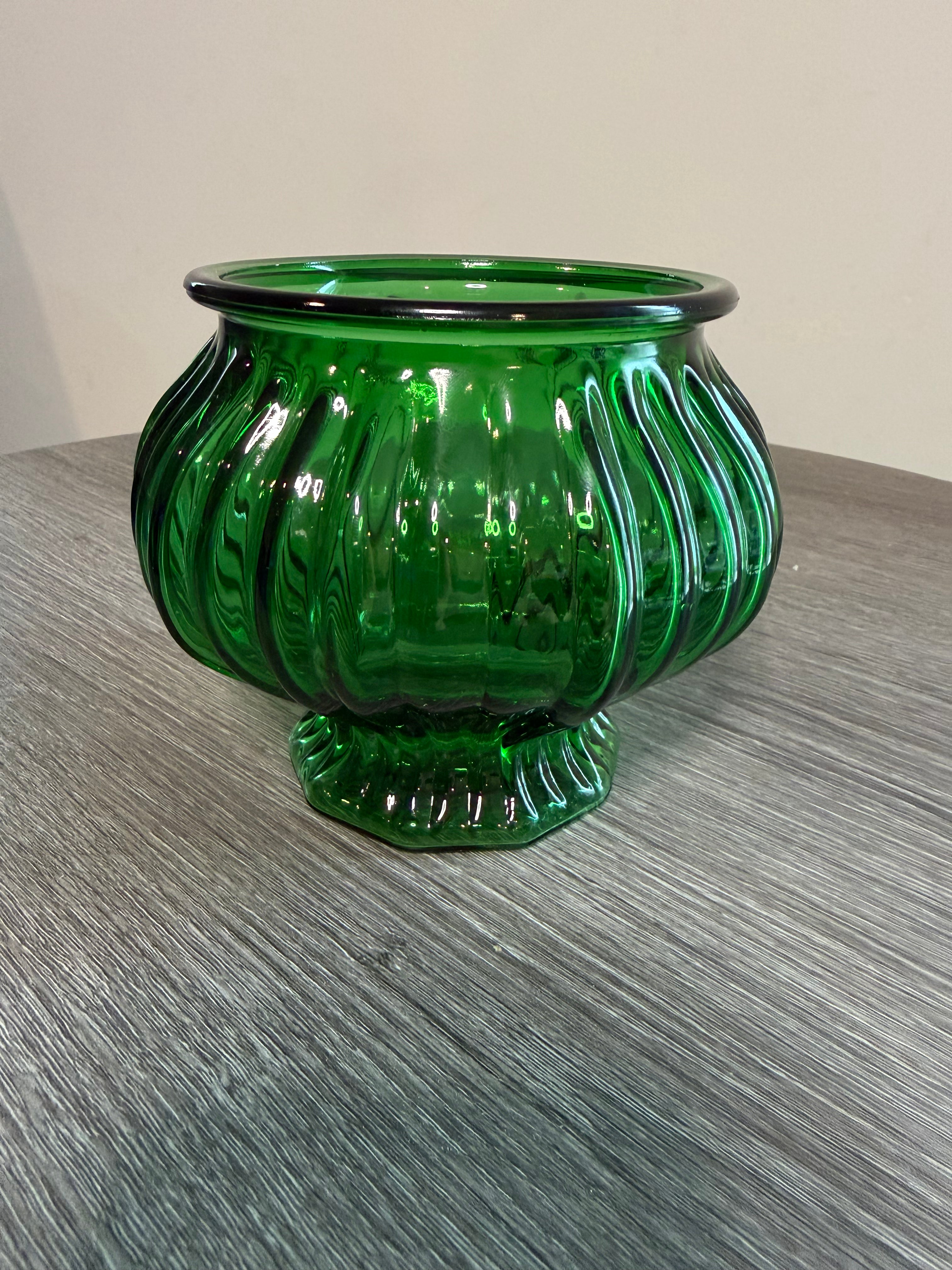 Vintage E.O. Brody Emerald Green Glass Footed Planter Vase Ribbed Swirl USA