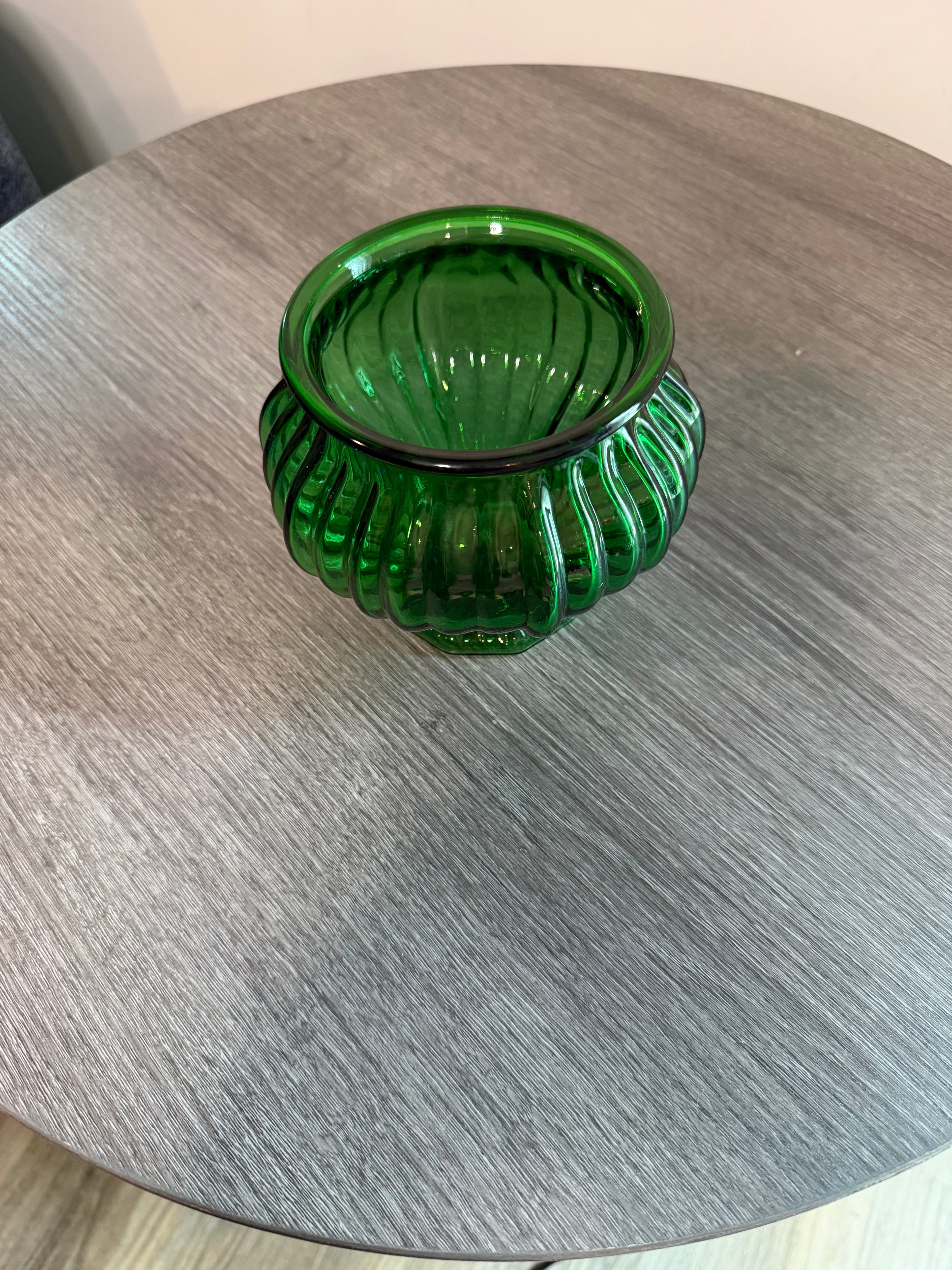 Vintage E.O. Brody Emerald Green Glass Footed Planter Vase Ribbed Swirl USA
